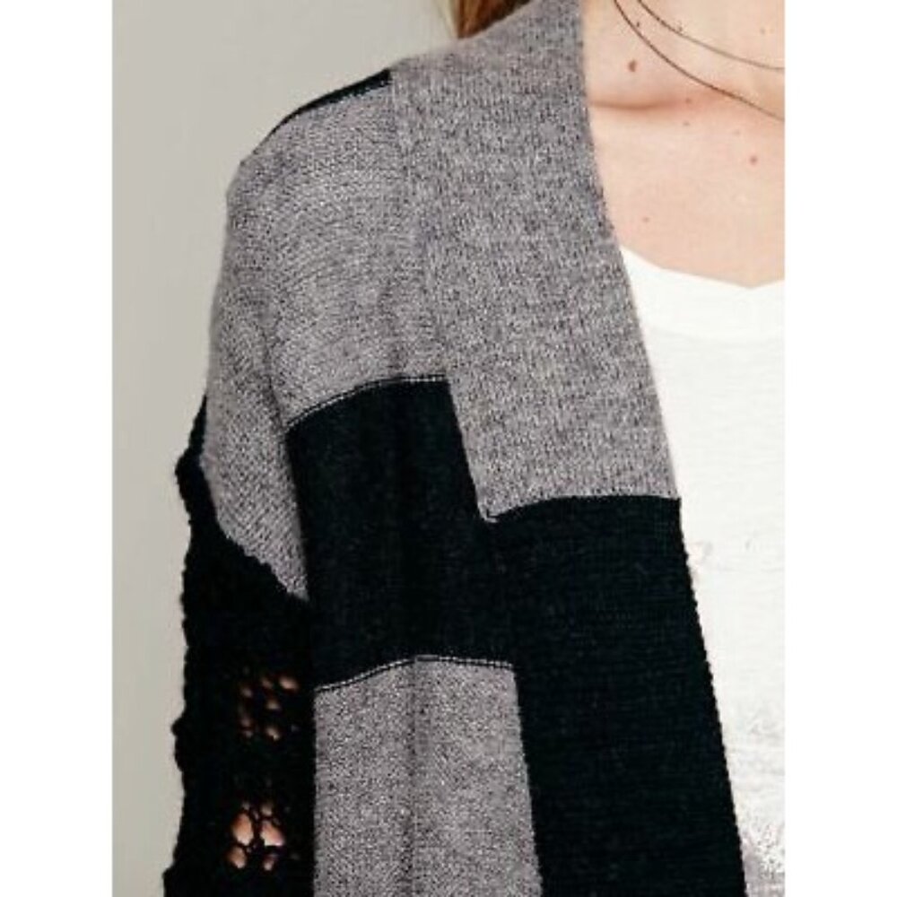 Free People Black Gray Striped Floral Knit Long Cardigan S | Boho Grunge Fairy - Picture 4 of 16